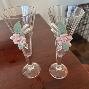 Vintage  Glass flutes with rose set of 2